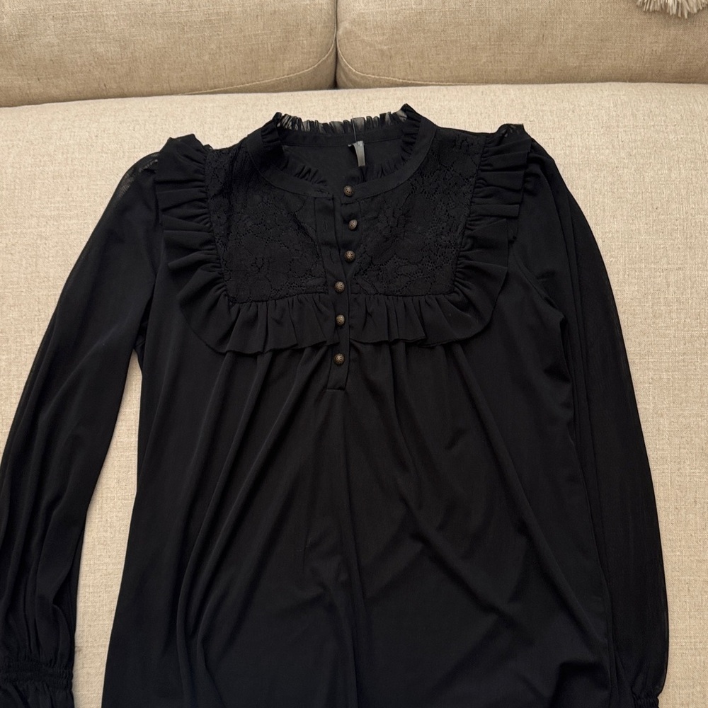 Anthropologie Black Ruffled Long Sleeve Blouse
